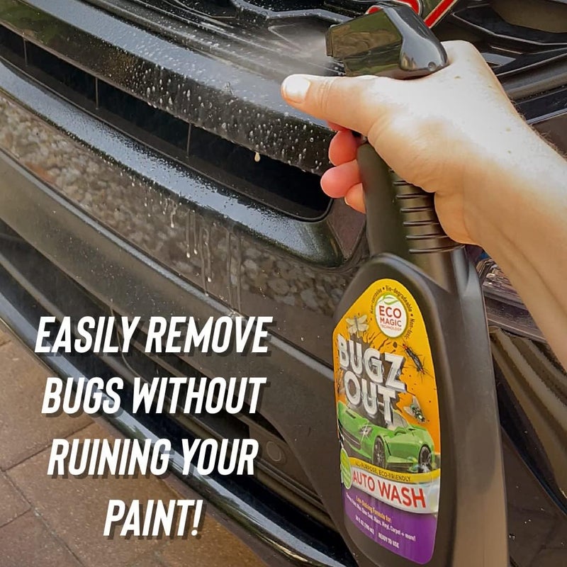 Bugz Out منظف حشرات السيارات، مزيل وغسيل - رذاذ لإزالة الحشرات، القطران، فضلات الطيور من خارج السيارة والزجاج الأمامي. إزالة الخطوط السوداء دون خدش أو إزالة الطلاء. زجاجة رذاذ سعة 24 أونصة مع قطعة قماش ميكروفايبر. - Image 3